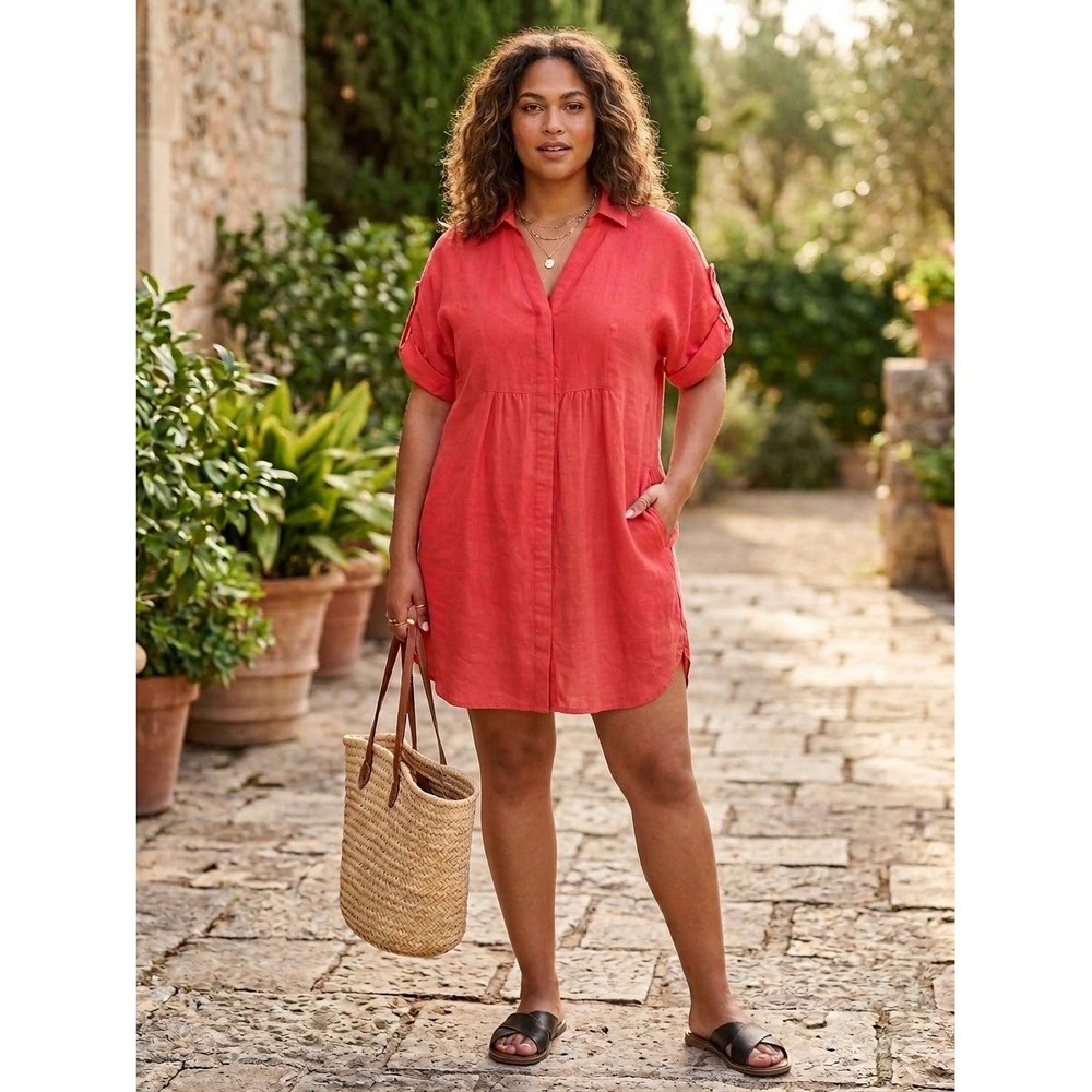 Chicos Red Linen Shirt Dress Short Sleeve Roll Tab V-Neck Pockets Size 1 US 8